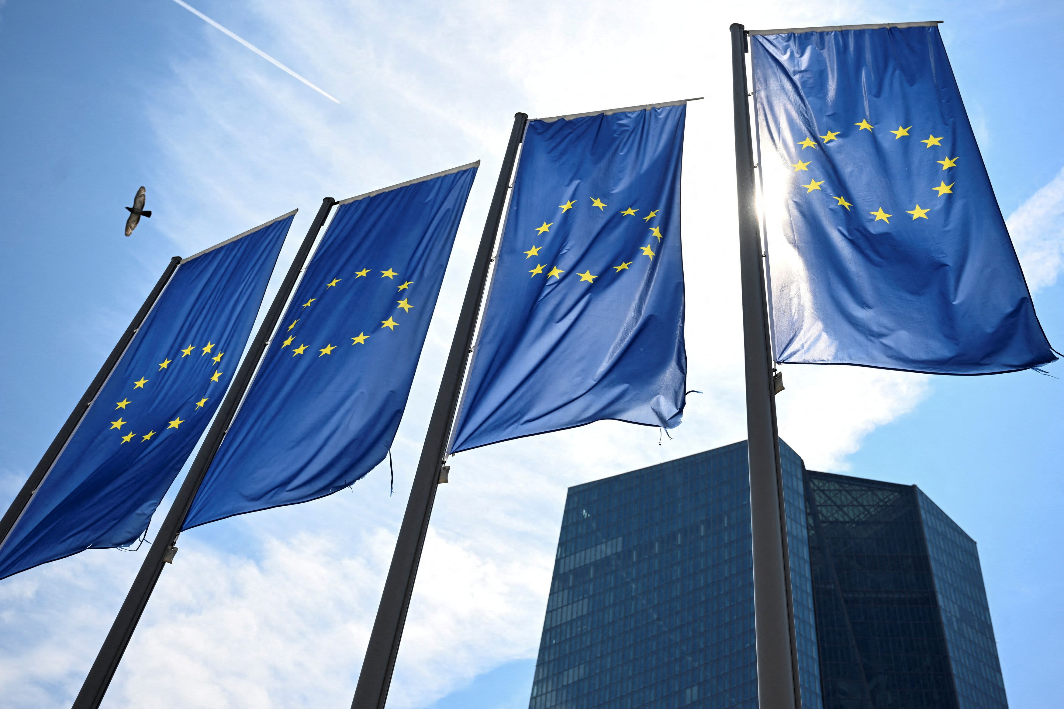 EU flags flutter in front of European Central Bank (ECB) headquarters in Frankfurt, Germany July 18, 2024. 