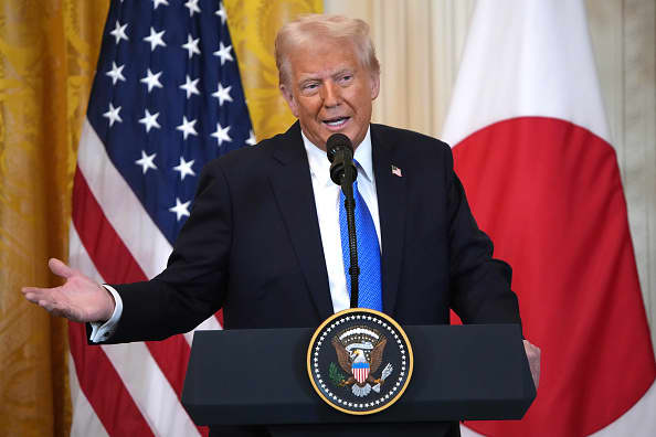 U.S. President Donald Trump speaks during a joint press conference with Japanese Prime Minister Shigeru Ishiba in the East Room at the White House on February 07, 2025 in Washington, DC.