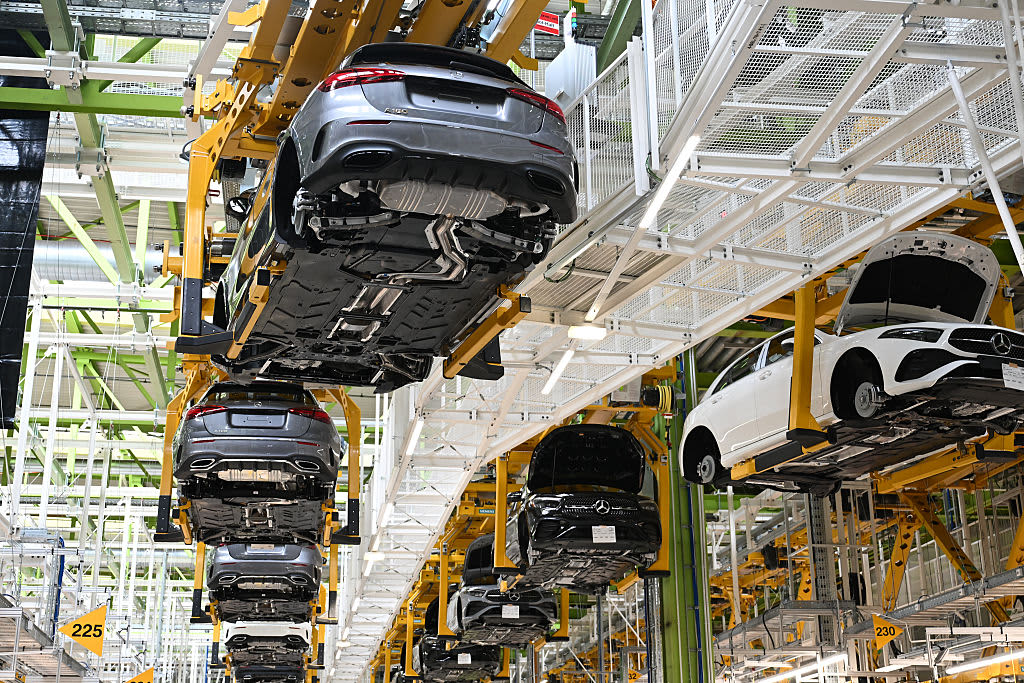 A general view of production lines at the Mercedes-Benz assembly plant on June 4, 2025 in Rastatt, Germany.